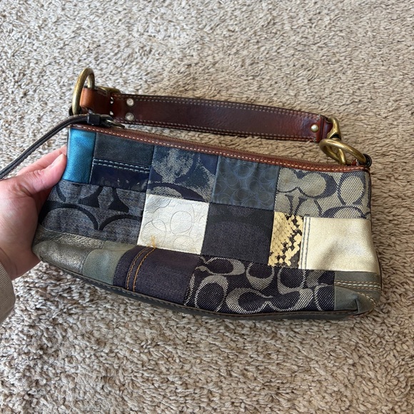 Vintage Coach Denim & Leather Blue Patchwork Pochette Shoulder Hobo Purse - Picture 5 of 16